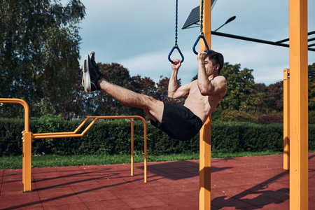 Young shirtless man bodybuilder doing L-Sit during his workout in a modern calisthenics street...
