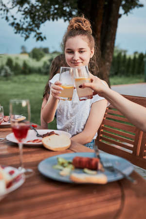 Family making toast during summer picnic outdoor dinner in a home garden. Close up of people holding wine glasses with red wine over table with food and dishesの写真素材