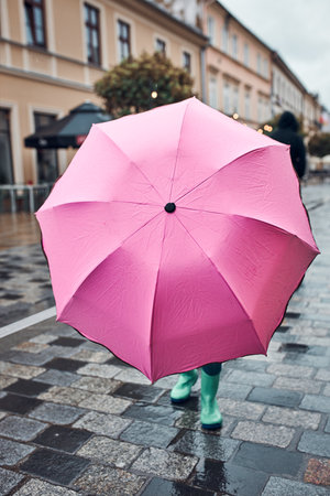 Little girl hiding behind big pink umbrella walking in a downtown on rainy gloomy autumn dayの写真素材