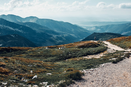 Young man with backpack hiking in a mountains, actively spending summer vacation. Tatra Mountains landscape. Scenic view of mountain rocky peaks, slopes, hills and valleys covered with grass, mugo pine and treesの写真素材