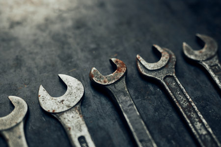 Spanners on steel surface. Old rusty wrenches for maintenance. Mechanic hardware tools to fix. Technical tools background with copy spaceの写真素材