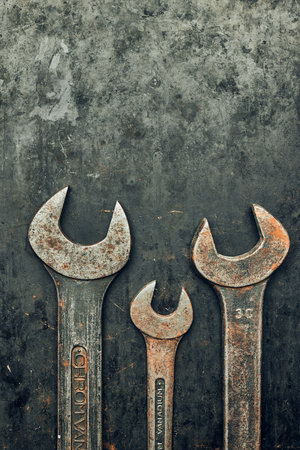 Spanners on steel surface. Old rusty wrenches for maintenance. Mechanic hardware tools to fix. Technical tools background with copy spaceの写真素材