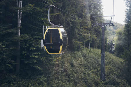 Cable car go to top of mountain among trees in forest on summer sunny dayの写真素材