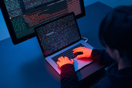 Man using computer and programming  to break code. Cyber security threat. Internet and network...
