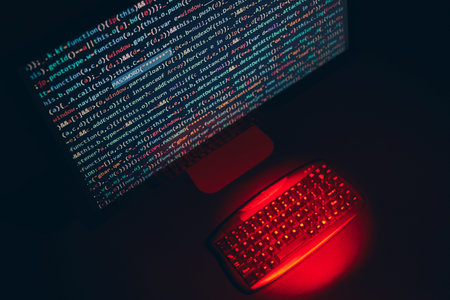 Cyber security. Program code on screen. Using computer and programming to break code. Cyber security...