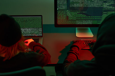 Anonymous people using computer and programming to break code. Cyber security threat. Internet and...