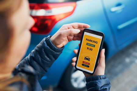 Woman using mobile parking app on smartphone. Driver using smartphone to pay for parking. Car park...