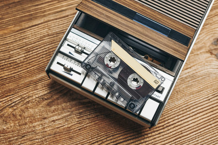 Compact cassette tapes and cassette recorder on wooden table. Retro music style. 80s music party....