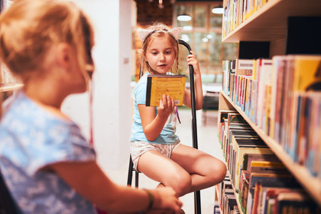 Schoolgirls looking for audio books in school library. Students choosing books. Elementary education. Doing homework. Learning from books. Back to schoolの写真素材