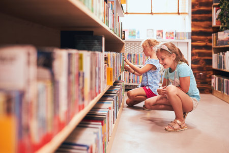 Two schoolgirls choosing books in school library. Primary school students learning from books. Children having fun in school club. back to school. Doing homeworkの写真素材