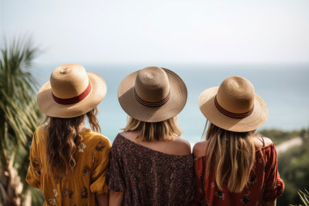 Travel concept. Summer trip. Rear view of group of young diverse adult friends enjoying summer vacation day at sea. Women wearing straw hats looking at sea. Positive mood. Spending leisure time together. Warm late afternoon lightの素材