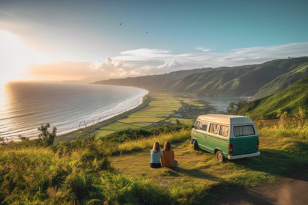 Travel concept. Summer road trip. Rear view of young couple enjoying summer vacation day. Travelling in vintage camper van. Tourists looking at beautiful mountain landscape while sunset. Positive mood. Spending leisure time togetherの素材