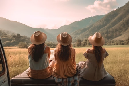 Travel concept. Summer trip. Rear view of young diverse adult friends enjoying summer vacation day. Women wearing straw hats looking at beautiful mountain landscape. Positive mood. Spending leisure time together. Warm late afternoon lightの素材