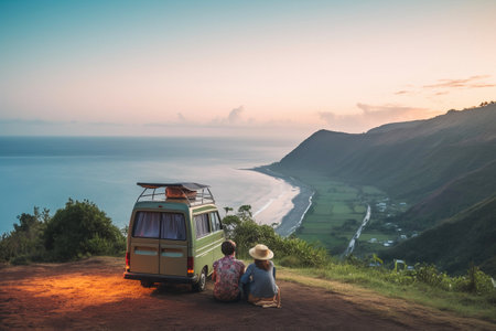 Travel concept. Summer road trip. Rear view of young couple enjoying summer vacation day. Travelling in vintage camper van. Tourists looking at beautiful mountain landscape while sunset. Positive mood. Spending leisure time togetherの素材