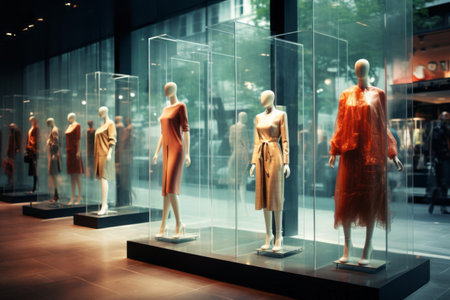 Mannequins standing in showcase of clothing store. Fashion show. Trendy place. Luxury clothing shop in shopping mall. Shopping at the clothing storeの素材