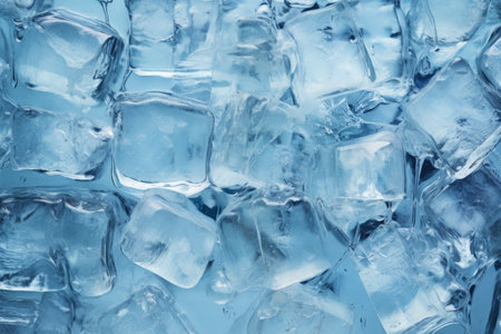 Fresh ice cubes to chill drink. Frozen pure water. Clear ice cubes background. Top view of ice pieces on table. Light blue color. Macro shotの写真素材