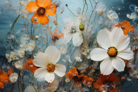 Wild flowers in frozen water. Floral background. Botanical wallpaper. Natural decoration with field flowers in ice. Blossom compositionの写真素材