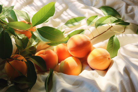 Fresh apricots on a table in the garden backlit by warm sunlight. Green leaves around. Ripe juicy apricots on tablecloth. Natural sweet dessert. Healthy diet. Raw fruits. Tasty summer refreshment. Rustic styleの素材