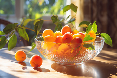 Fresh apricots in fruit crystal bowl on a table in the kitchen backlit by warm sunlight. Green leaves around. Bowl full ripe juicy apricots on the wooden table. Natural sweet dessert. Healthy diet. Rustic styleの素材