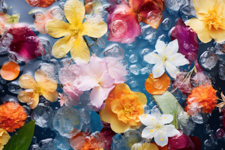 Wild flowers in clear water. Floral background. Natural composition. Botanical wallpaper. Natural decoration with field flowers blue water. Blossom compositionの素材