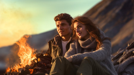 Couple sitting at campfire in the evening during autumn mountain trip. Couple having fun sitting at bonfire admiring mountain landscape. People relaxing at fire in the evening. Weekend trip. Travel to the mountains. Beauty in natureの素材