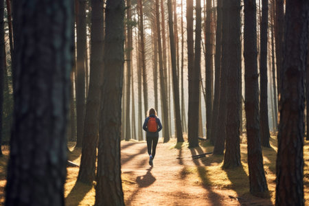 Woman walking in forest on autumn sunny day. Walk at sunrise. Active person. Cardio training. Physical fitness. Cardio workout. Healthy lifestyle. Daily routine for active person. Body exercisesの素材
