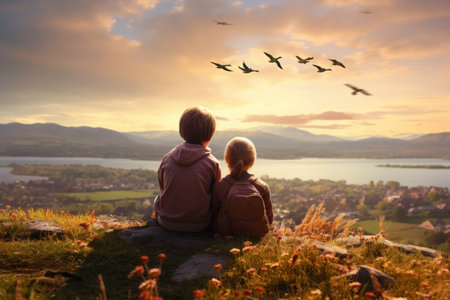 Children observing flock of geese during migration. Children sitting on hill and observing beautiful nature. Flying geese. Kids watching how flock of migrating birds. Autumn season. Autumn landscape in warm sunlightの素材