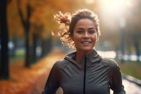 Young woman running outdoor during workout on autumn day. Woman jogging in park. Active woman. Cardio training. Physical fitness. Cardio workout. Healthy lifestyle. Daily routine. Body exercisesの素材