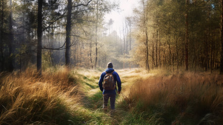 Backpacker hiking in forest. Exploring wild nature places. Adventures during autumn trekking. Forest exploration. Traveler walking in forest.  Freedom of exploring. Autumn seasonの素材