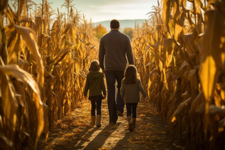 Family exploring corn maze in the fall day. Dad and his kids exploring corn maze. Family on pathway in corn field. Popular tourist attraction. Playing on corn labyrinth field. People enjoy visiting farm in the fall seasonの素材