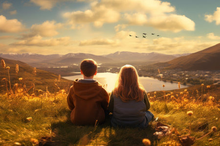 Children observing flock of geese during migration. Children sitting on hill and observing beautiful nature. Flying geese. Kids watching how flock of migrating birds. Autumn season. Autumn landscape in warm sunlightの素材