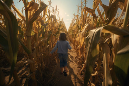 Little girl exploring corn maze in the fall day. Child playing in corn maze. Kid on pathway in corn field. Popular tourist attraction. Playing on corn labyrinth fieldの素材