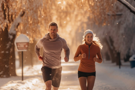 Couple running outdoor during workout on winter day. Man and woman jogging in park. Active people. People while cardio training. Physical fitness. Cardio workout. Healthy lifestyle. Daily routine. Body exercisesの素材