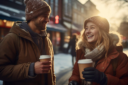 Friends having hot drinks on the go outdoors on winter day. Having fun, having conversation, talking together. Young couple is having a walk with hot drinks. Enjoying coffee on the go. People dressed warm standing in a street downtownの素材
