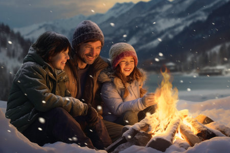 Family sitting around campfire in evening during mountain winter trip. Winter season. People having fun sitting at bonfire looking at mountain landscape. Enjoying fire in the evening. Weekend trip. Travel to the mountains. Natural destinationsの素材