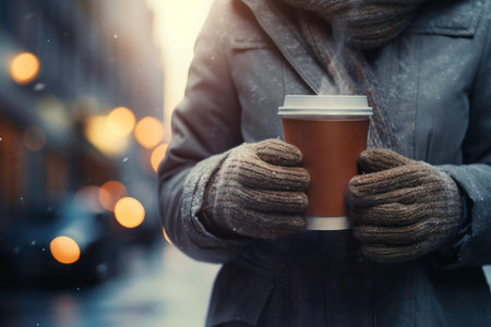 Person having hot coffee on the go outdoors on winter day. Person is having a walk with hot drink. Enjoying coffee on the go. Person dressed warm standing in a street downtownの素材