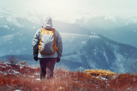 Traveler with backpack hiking in mountains on winter day. Winter season. Exploring wild nature places. Adventures during winter trekking. Mountains exploration. Backpacker while winter trip. Freedom of exploringの素材