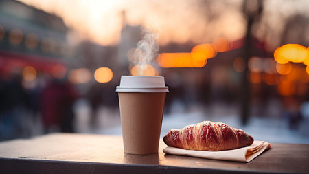 Hot coffee on the go in paper cup and croissant on street table outdoors in the morning. Enjoying coffee while walking. Takeaway breakfast. Takeaway foodの素材