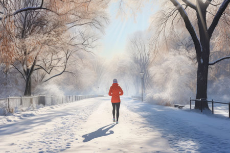 Young woman running outdoor during workout on winter day. Woman jogging in park. Active woman. Cardio training. Physical fitness. Cardio workout. Healthy lifestyle. Daily routine. Body exercisesの素材