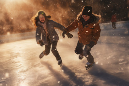 Happy couple of teenagers skating on ice on open rink. Having fun on winter holiday. Skaters enjoying ice skating on winter holiday. Sport and leisure on snow and ice. Snowy day. Wintertime. Winter activitiesの素材