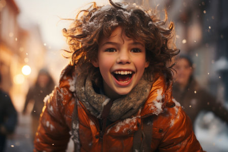 Excited boy playing with friends in the snow, laughing and having fun. Friends enjoying snowball fight. Winter holiday. Kids throwing snowballs. Enjoy snowy winter on holidays. Winter timeの素材