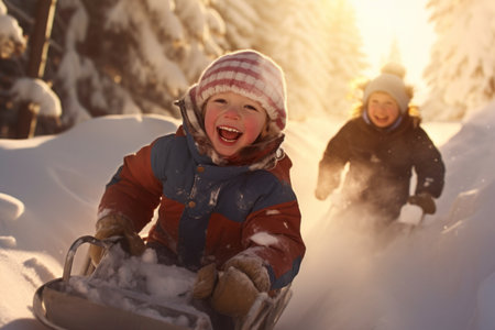 Group of excited children riding sled, playing in the snow, laughing and having fun. Children enjoying winter holiday riding sledge. Positive kids enjoying snowy winter. Wintertime. Winter vacationの素材