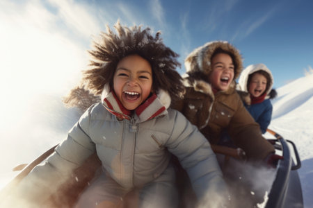 Group of excited children riding sled, playing in the snow, laughing and having fun. Children enjoying winter holiday riding sledge. Positive kids enjoying snowy winter. Wintertime. Winter vacationの素材