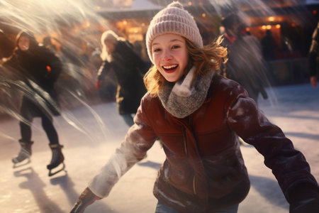 Happy teenage girl skating on ice on open ice rink. Having fun on winter holiday. Skater enjoying ice skating. Sport and leisure on snow and ice. Snowy day. Wintertime. Winter activityの素材