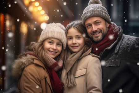 Portrait of happy and cheerful full family standing outdoor while shopping on Christmas market. Family at Christmas shopping. Christmas souvenir shops, shopping presents, winter holidays. People having fun, wearing warm seasonal outfitの素材