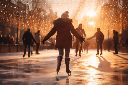 Young woman skating on ice on open rink with friends. Having fun on winter holiday. Skaters enjoying winter holiday and ice skating. Sport and leisure on snow and ice. Snowy day. Wintertime. Winter activityの素材