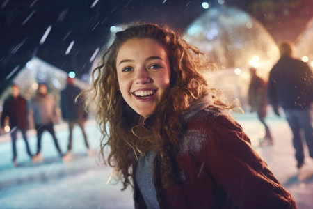 Portrait of happy teenage girl skating on ice on open rink. Having fun on winter holiday. Skaters enjoying winter holiday and ice skating. Sport and leisure on snow and ice. Snowy day. Wintertime. Winter activityの素材