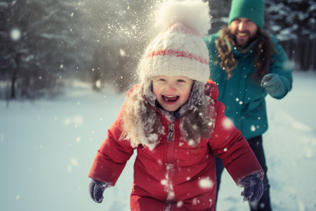 Excited child are joyfully playing with dad in the snow, laughing and having fun. They engage in a friendly snowball fight with friends, creating cherished memories on their winter holiday. Positive and laughing, kids are thoroughly enjoying a snowy winter dayの素材
