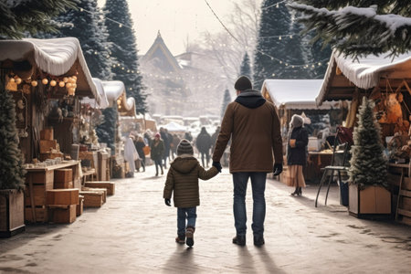 Dad and son buying Christmas tree and gifts. Father with his child shopping on Christmas marketplace. Marketplace with souvenirs. Shopping presents. Winter holidaysの素材