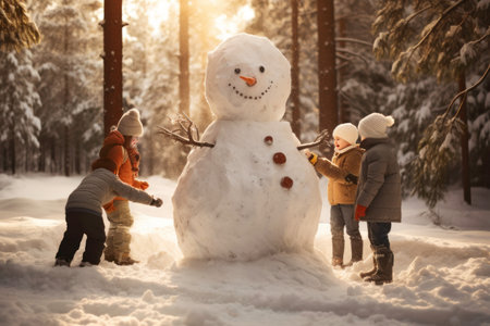 Children are building a snowman near the house, enjoying the snowy winter. It's a happy wintertime scene with a family making a smiling snowman in front of the house on a winter day. Playing with snowの素材